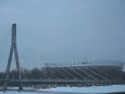 Stadion Narodowy w Warszawie - zimowy widok z okien autokaru